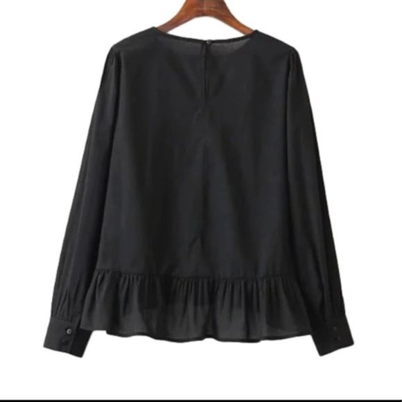 Black Long Sleeves Blouse with Embroidered Floral Design and Ruffled Hems - Picture 4 of 6